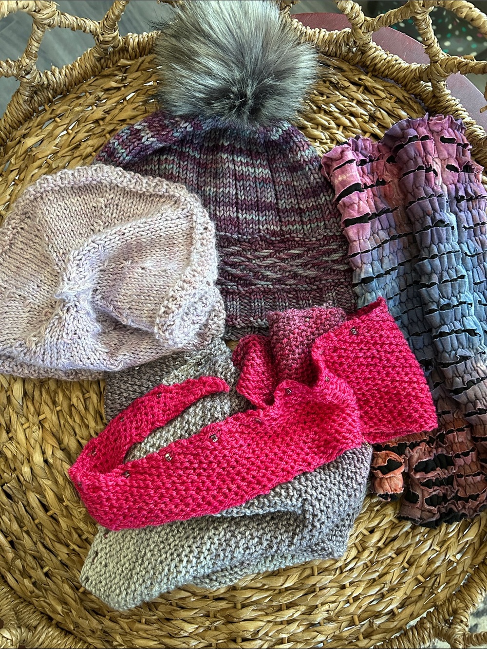 Lot of handmade hats and scarf and long pair of fingerless gloves (not handmade)